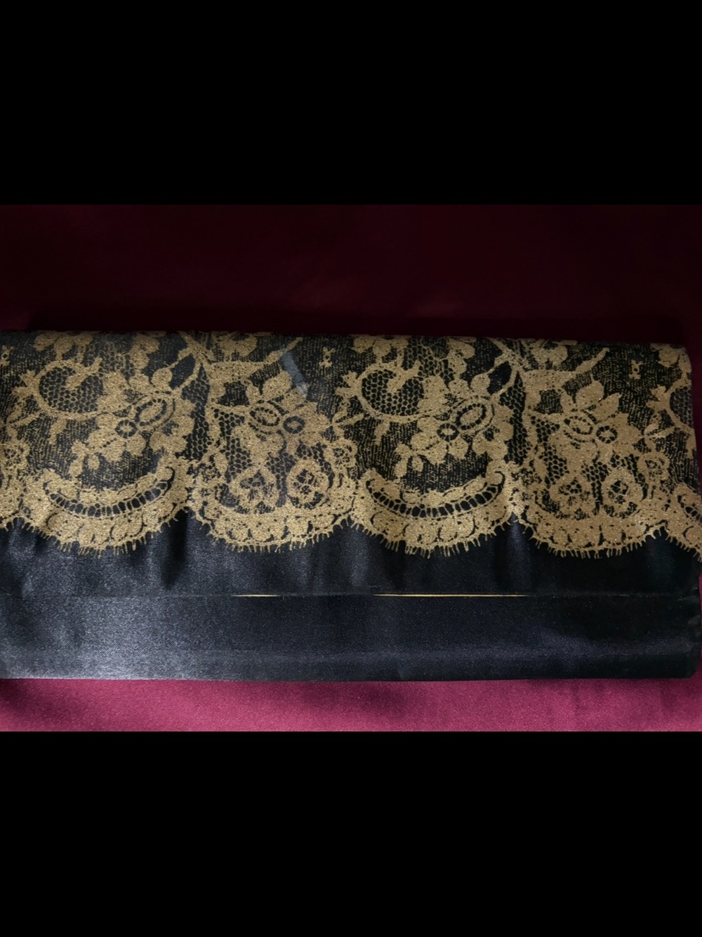 Vintage Black Satin Clutch with Gold Lace Detail Print Yellow Satin Inside. New